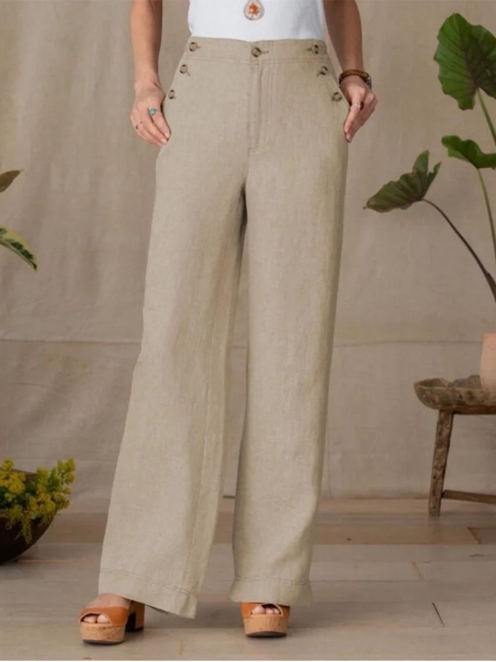 Sundance Oaklee Easy High Waist Linen Pants Flax Beige Size 8 Petite Lagenlook